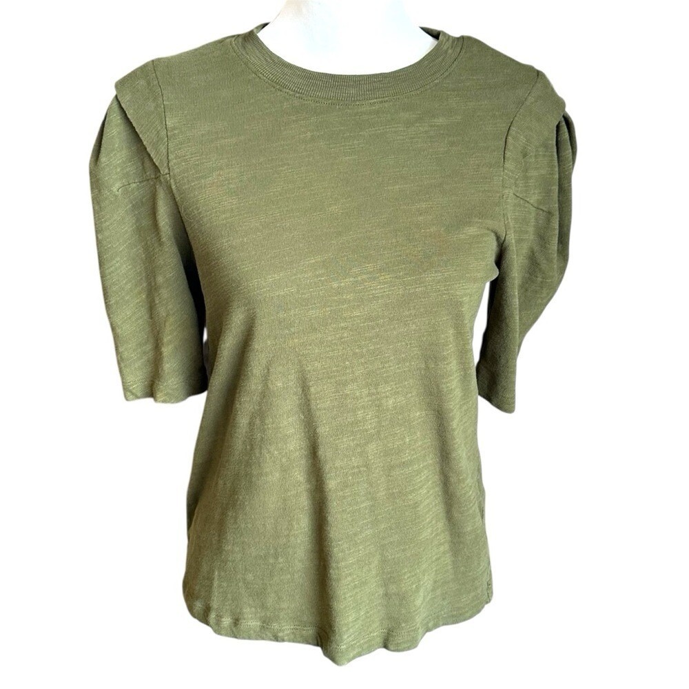 FRAME Puff Sleeve T-Shirt Womens Medium Fatigue Green Cotton Slub 100% Cotton